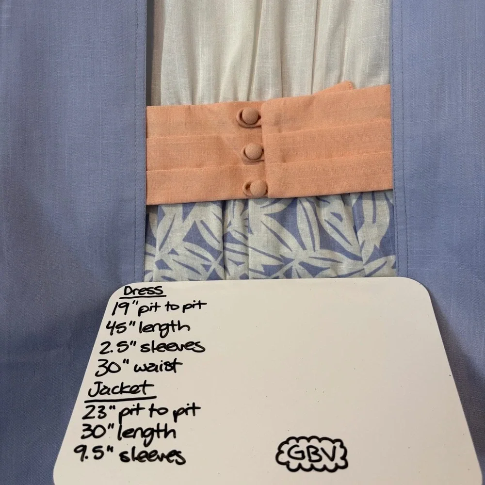 Vintage Leslie Fay Womens 12 2pc Tea Dress Set Blue White Tropical Palm Leaf 80s - Picture 8 of 14